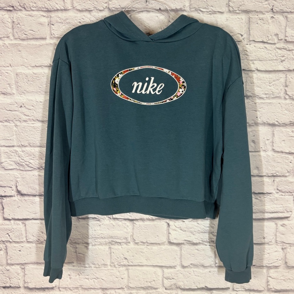 Nike Floral Logo Cropped Hoodie Sweatshirt Teal Green Women’s Size M